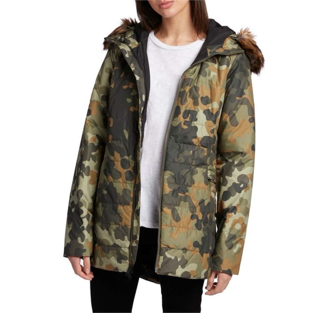 NORTH FACE Harway Jacket With Faux Fur Tin Burnt Olive Green Waxed Camo SZ Sm